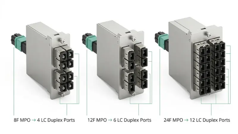Comparison of 8F 12F and 24F MPO breakout modules with LC duplex port counts