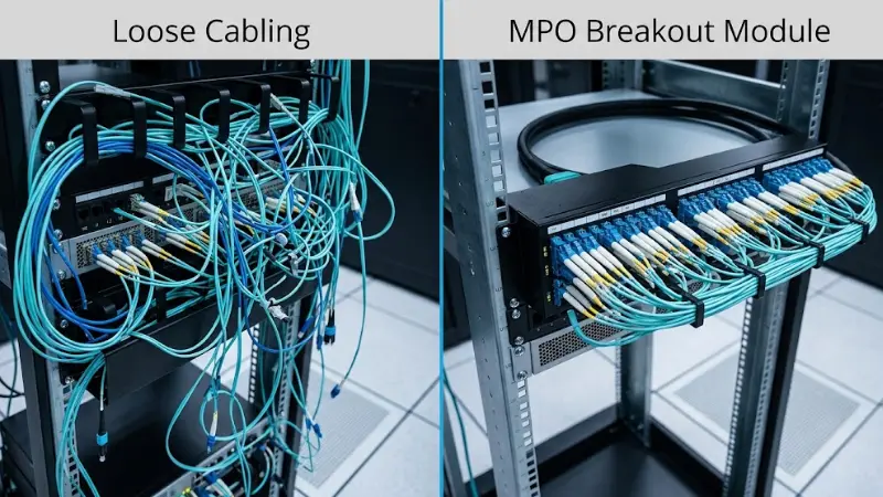 Cable congestion comparison between loose fiber cabling and an MPO breakout module in a data center rack Cable congestion comparison between loose fiber cabling and an MPO breakout module in a data center rack