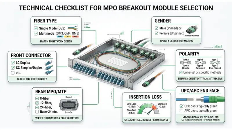 MPO breakout module selection checklist including fiber type connector gender polarity and insertion loss