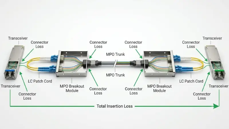 MPO breakout module fiber channel link budget and insertion loss diagram