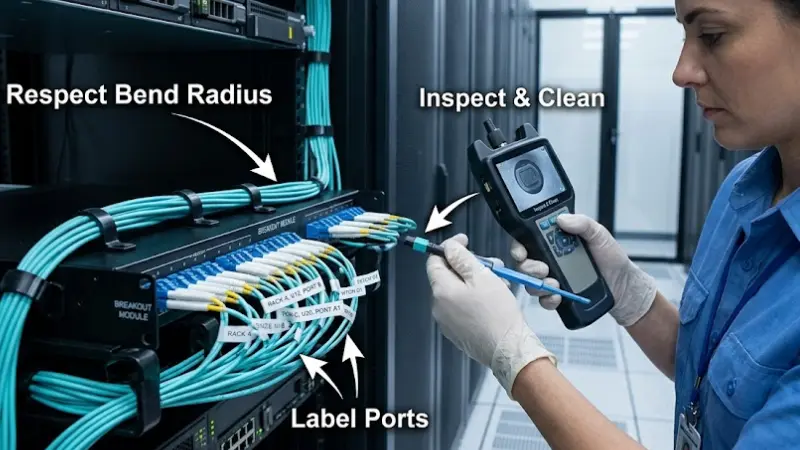 Technician inspecting and cleaning MPO connector during fiber breakout module installation