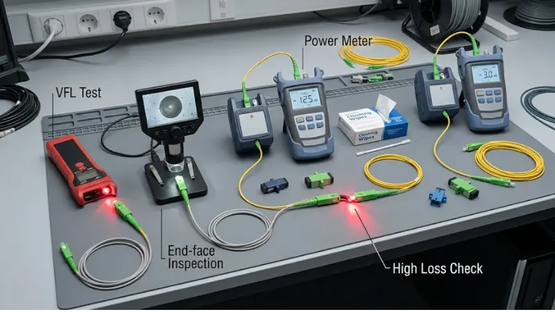 Testing and troubleshooting high insertion loss on a fiber optic fast connector