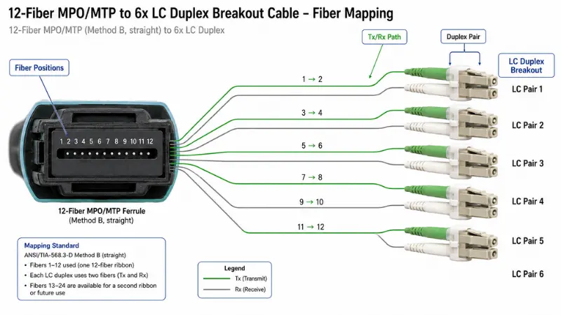 Fiber mapping diagram showing MPO fiber positions breaking out into LC duplex pairs
