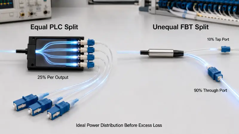 Equal PLC splitter output compared with a 10 90 unequal FBT optical splitter