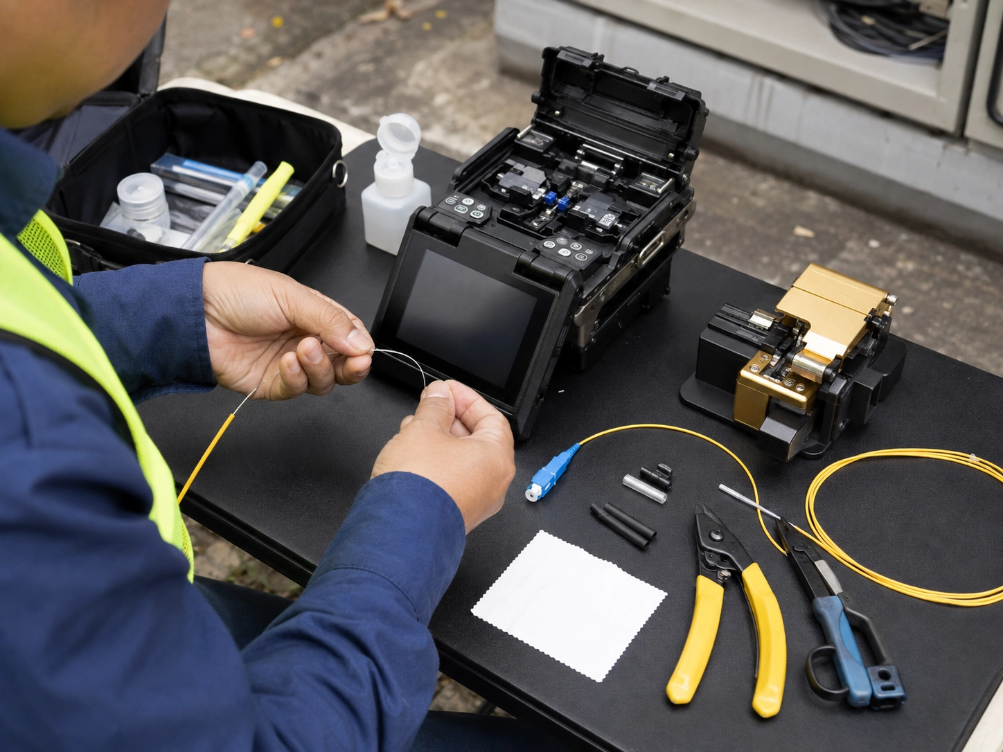 Field technician preparing single mode fiber pigtail fusion splicing with precision cleaver and fusion splicer machine before carrying out post-splice acceptance testing